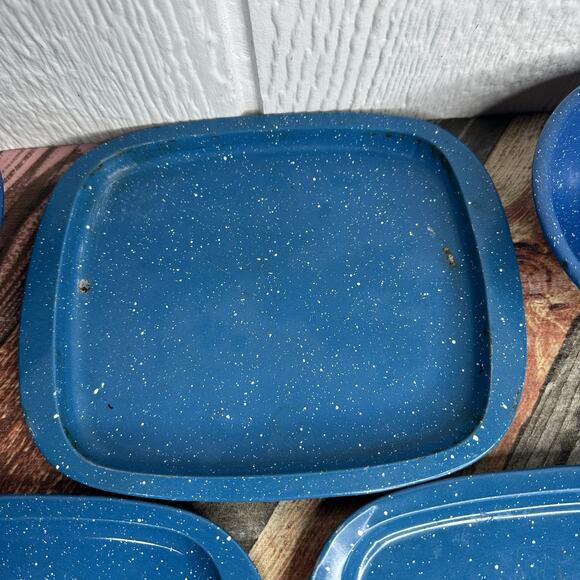 Set of 7 Vintage Blue Speckled Enamelware Graniteware Camp Cup Bowls & Trays - Picture 6 of 13